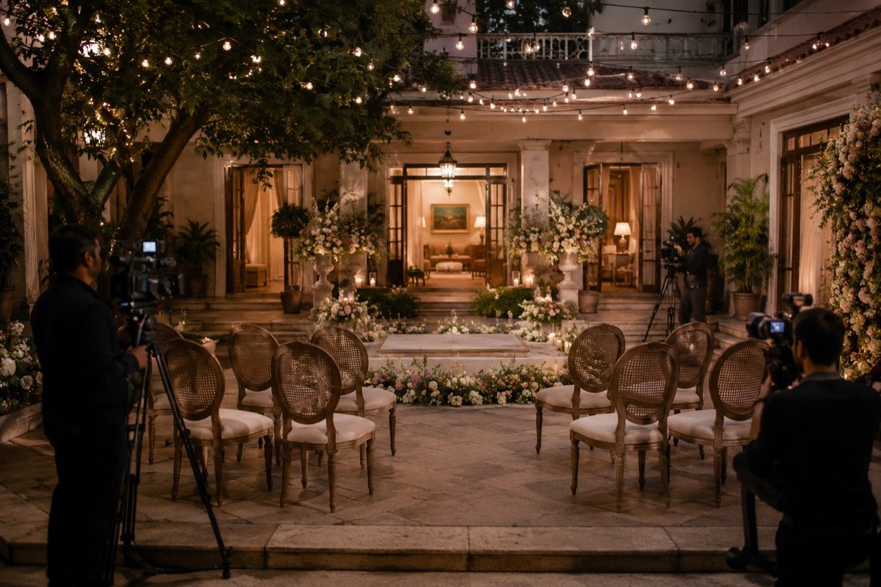 A warm, softly lit illustration of a small home wedding setting with marigold garlands and diyas, photographers kept at a distance beyond a garden gate