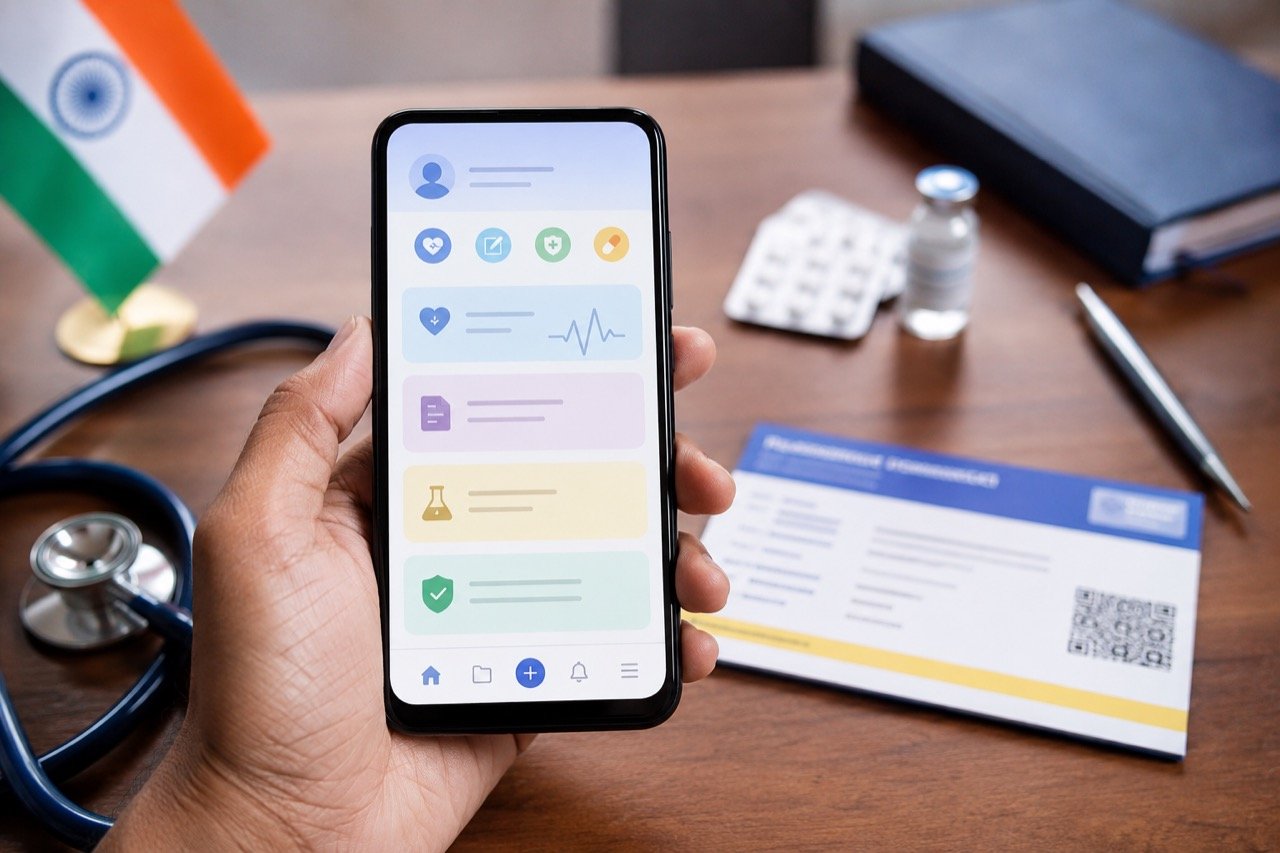 A smartphone displaying a health records app with medical documents, prescriptions and vaccination certificates, set against a backdrop of an Indian hospital corridor
