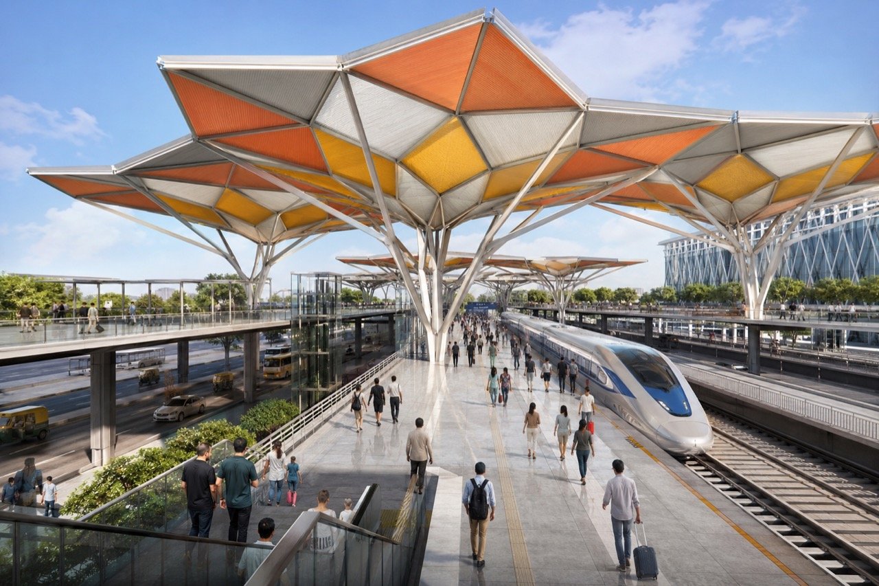 Architectural rendering of a sweeping kite-inspired bullet train station in Ahmedabad, with high-speed rail platforms and a busy multimodal transport plaza below