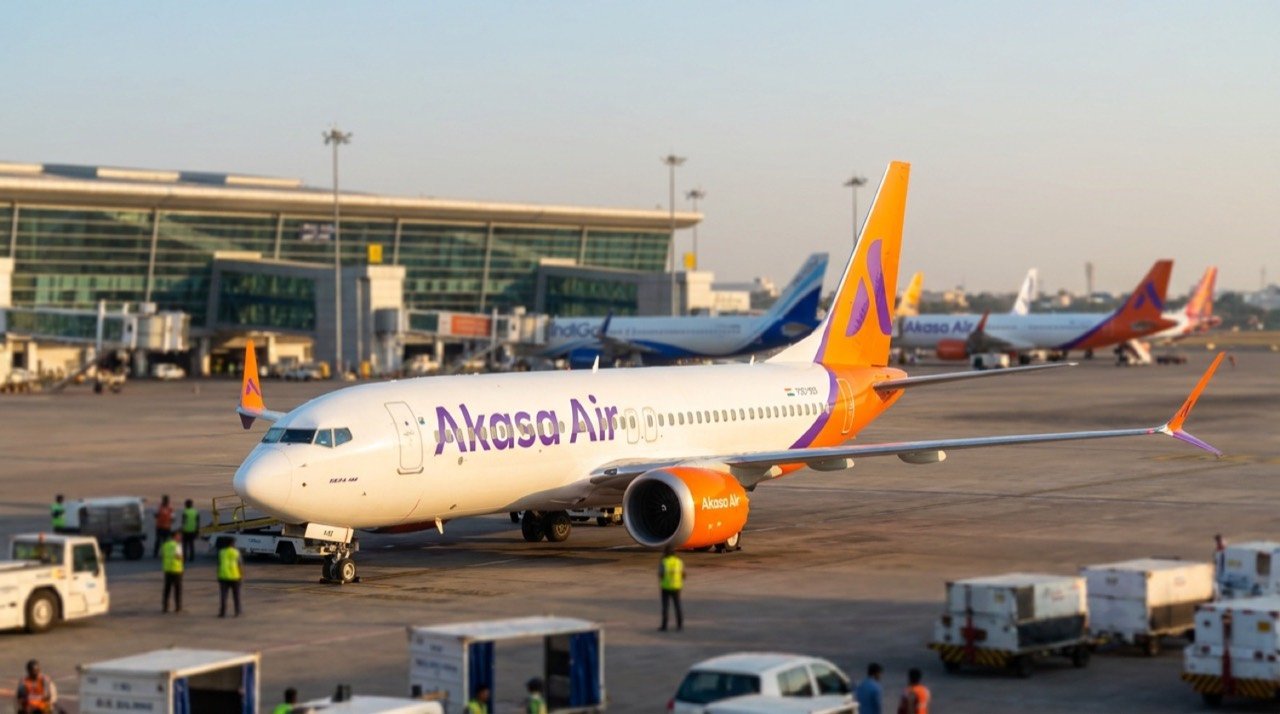 Akasa Air aircraft on the tarmac as the airline signals plans for an initial public offering.