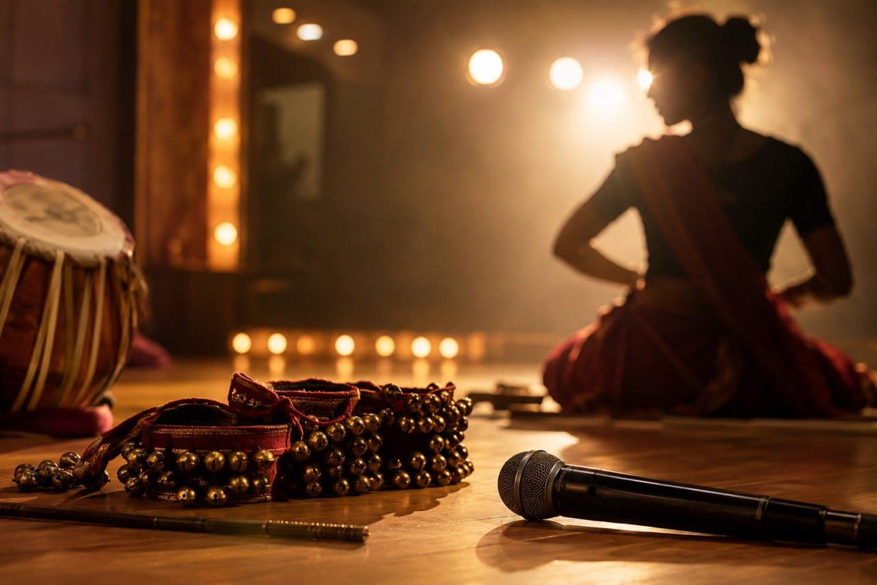 A film set styled around a traditional lavani stage performance, with dancers in vivid nauvari saris under warm theatrical lights and a clapperboard in the foreground