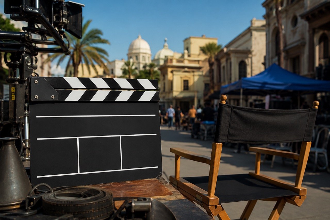 A film clapperboard reading Wicked Sunny on a colourful Bollywood comedy set with bright lights and a director's chair