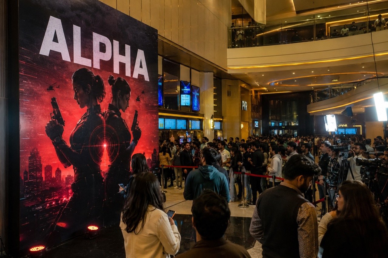 Stylised illustration of two female spies in silhouette against a neon-lit cityscape with a cinema marquee and rising box-office graph