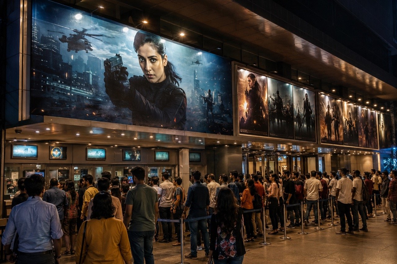 A stylised 16:9 illustration of a packed cinema marquee at night with a spy-thriller poster featuring two female silhouettes and a rising box-office graph