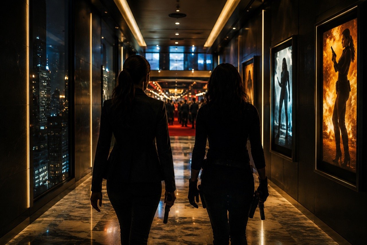 Two female action leads in tactical gear striding through a neon-lit cityscape with a cinema marquee glowing behind them, evoking a big-budget Bollywood spy thriller's opening night.