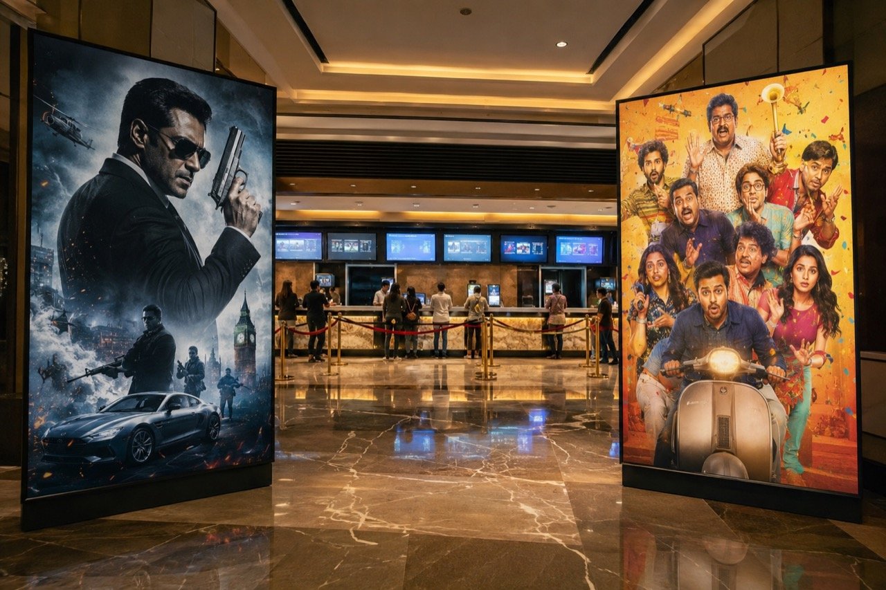 A busy Indian multiplex lobby with two rival Bollywood film posters facing each other above the ticket counters