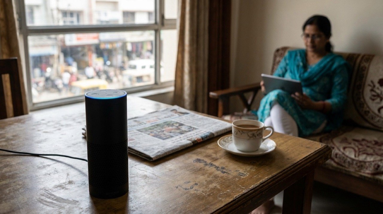 Amazon smart speaker on a table in an Indian home, illustrating Alexa+ testing with Hindi language support