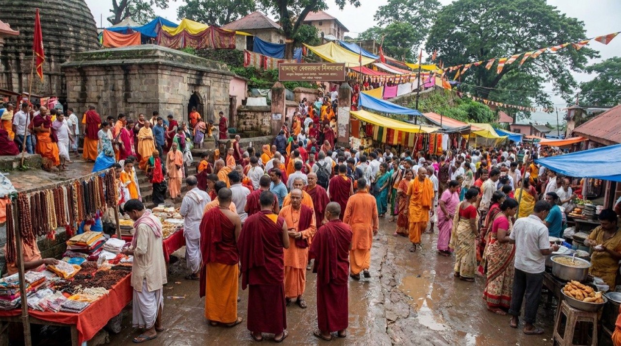 Pilgrims and traders gathered at Kamakhya Temple on Nilachal Hill during the Ambubachi Mela in Guwahati