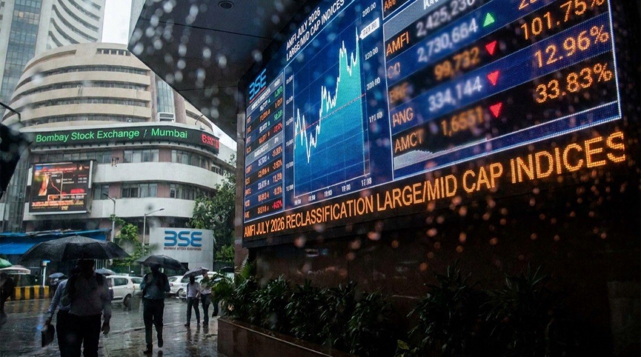 Stock market data board reflecting AMFI's July 2026 large-cap and mid-cap reclassification, with BSE in focus