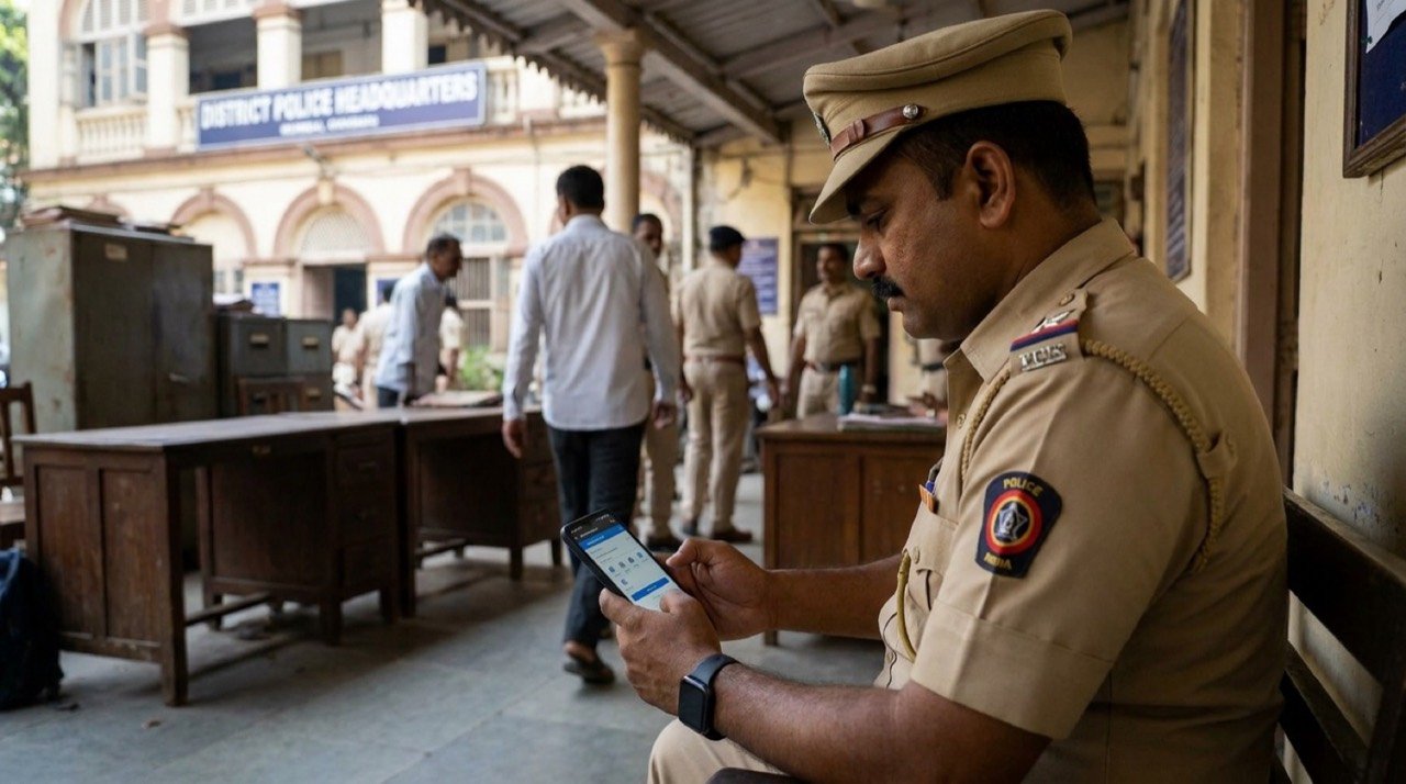 Police officer using a smartphone app for digital case management within India's criminal justice system