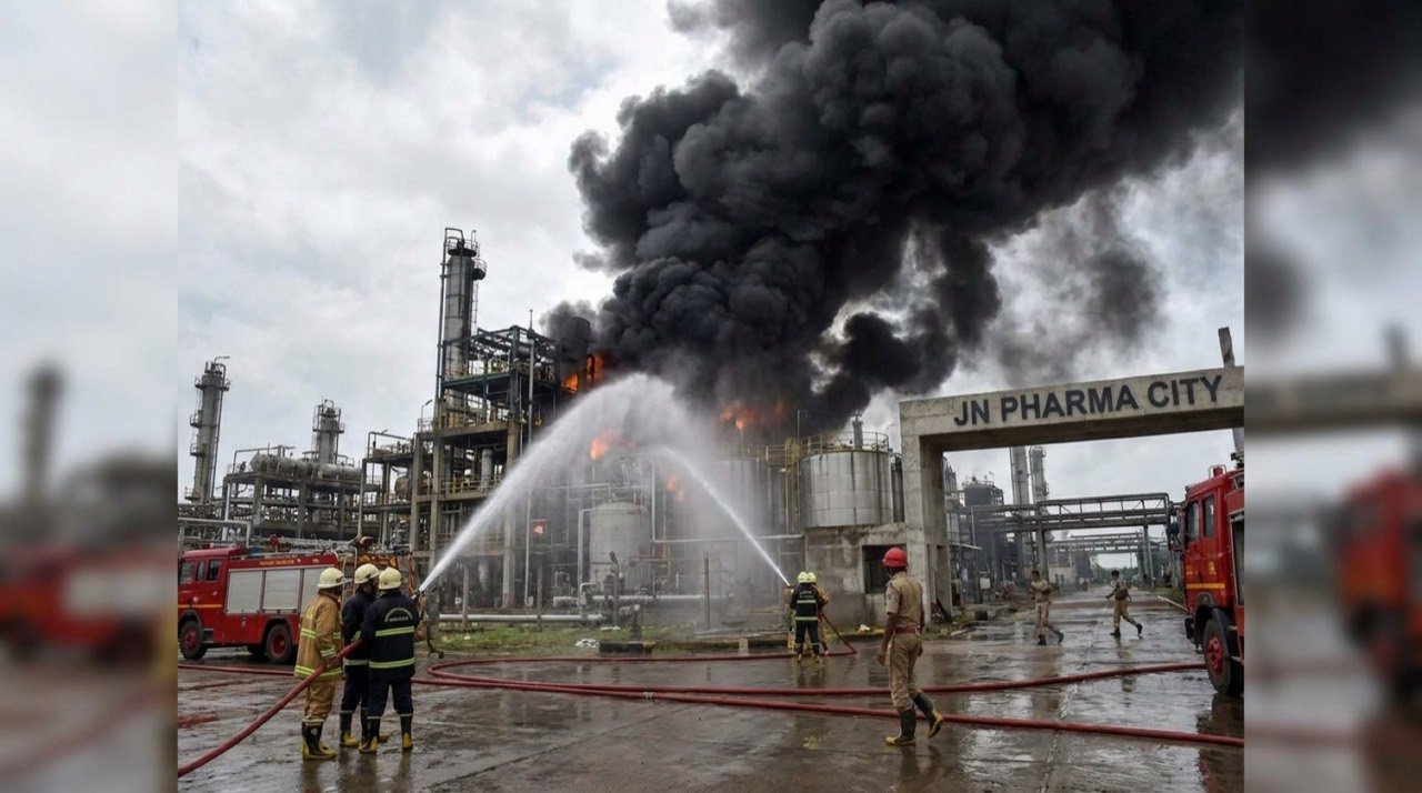 Firefighters tackling an industrial blaze at a chemical unit in Jawaharlal Nehru Pharma City near Parawada, Anakapalli, Andhra Pradesh
