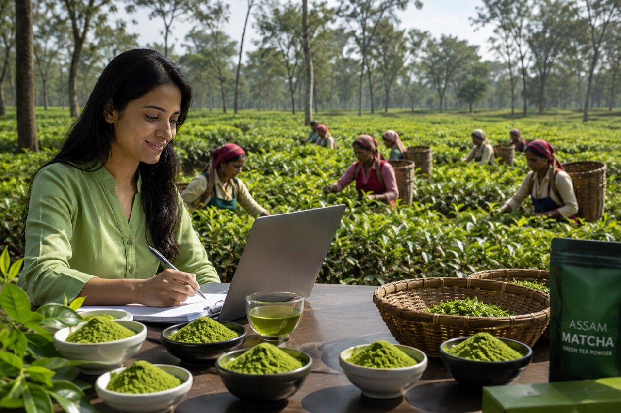A bowl of vivid green matcha powder with a bamboo whisk, set against lush Assam tea garden rows in the background
