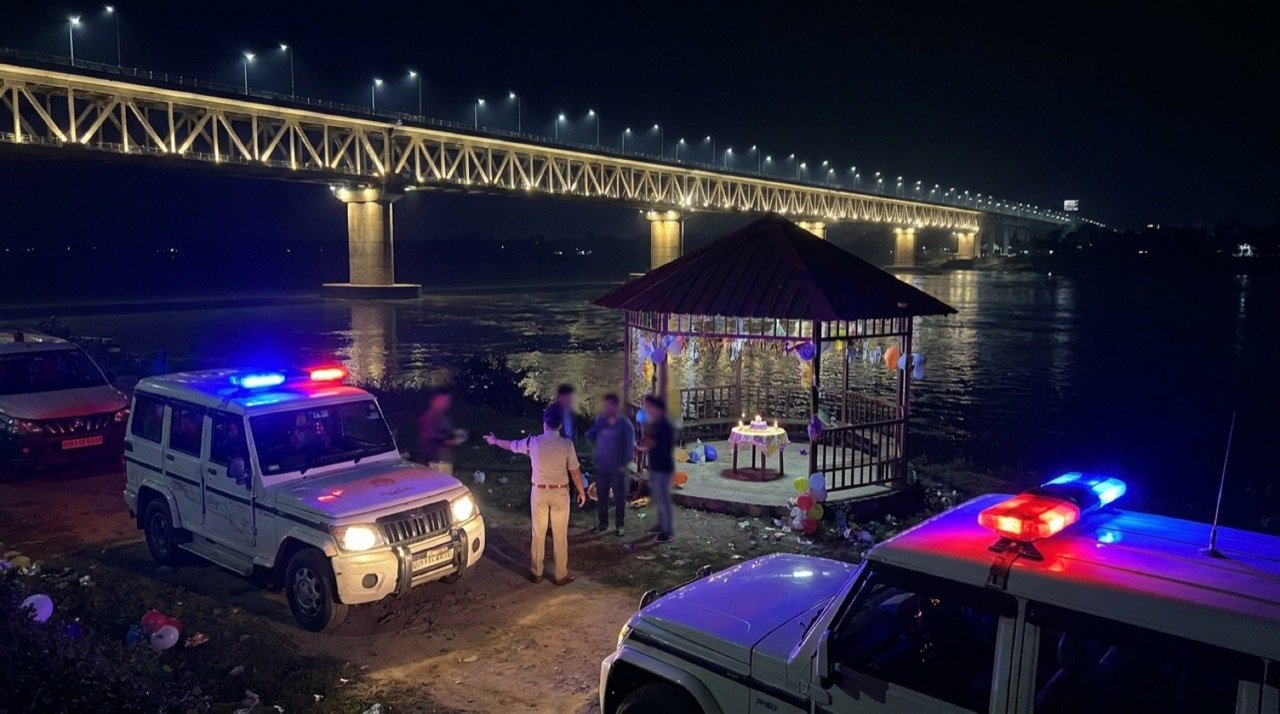 Night view of Guwahati's Kumar Bhaskar Varma Bridge over the Brahmaputra where a birthday party drew legal action in Assam