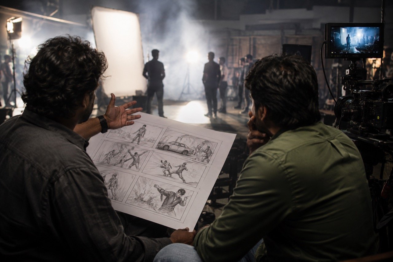 Tamil film set with cinema camera and director's chair under bright lights, hinting at a new commercial entertainer going on floors