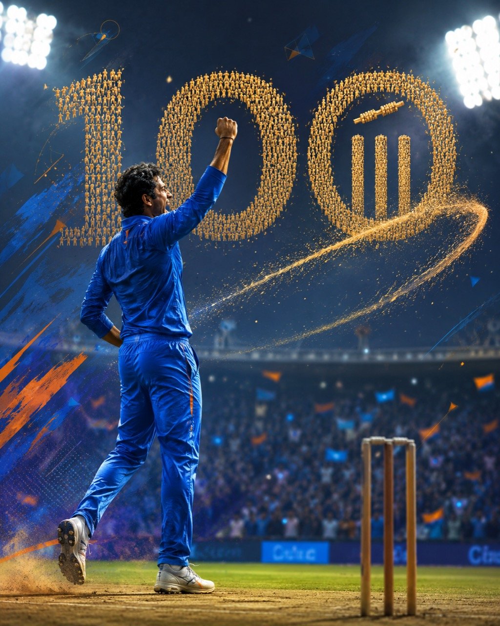 Indian left-arm spinner Axar Patel celebrating a wicket in a T20 international, arms raised in blue India kit under floodlights at a packed stadium