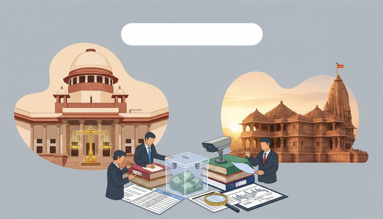 An illustration pairing India's Supreme Court and the Ayodhya Ram Mandir with a donation box and legal documents