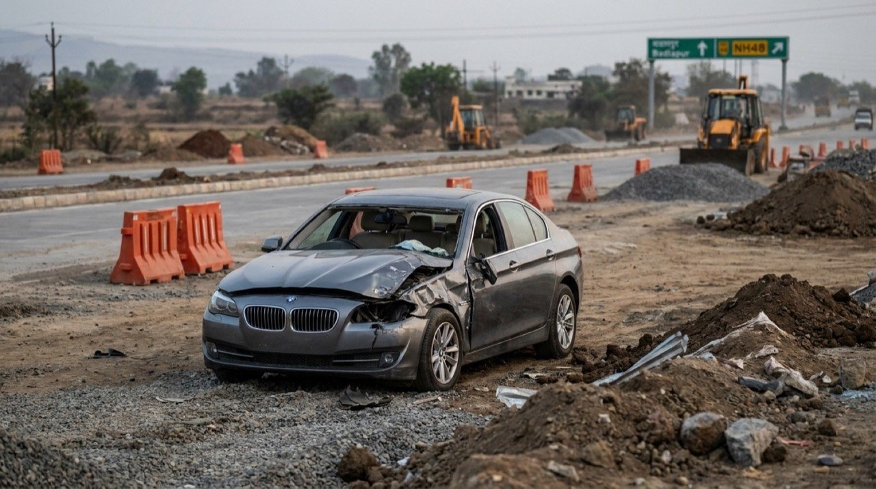 Wreckage of a high-speed BMW crash near Badlapur on an under-construction expressway stretch