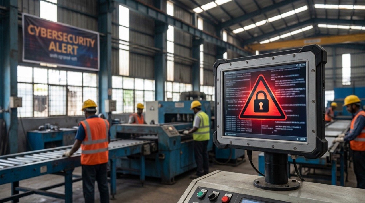 Cybersecurity warning on a screen inside an industrial manufacturing facility, illustrating a ransomware attack