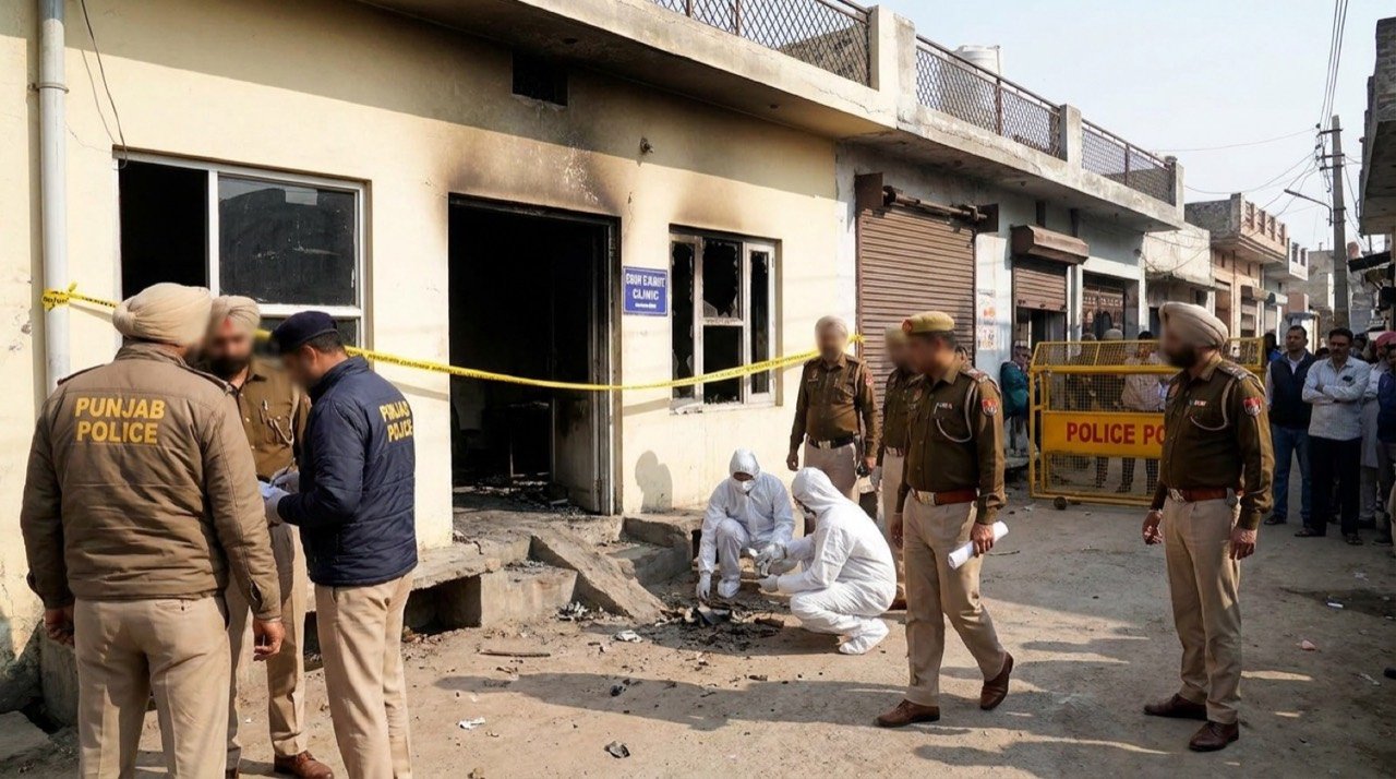 Police investigators examining a clinic premises in Bathinda, Punjab, after an alleged petrol bomb attack