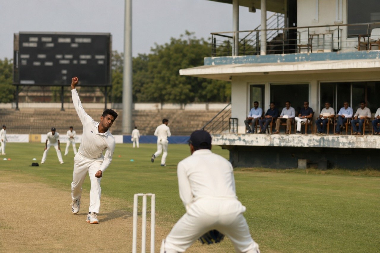 Young Indian cricketers in whites practising on a sunlit ground, a red ball mid-flight towards a batter defending with a straight bat