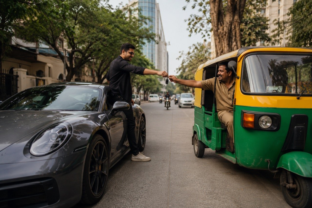A bright yellow Lamborghini parked beside a green and yellow auto-rickshaw on a busy Bengaluru street, with the two drivers exchanging smiles