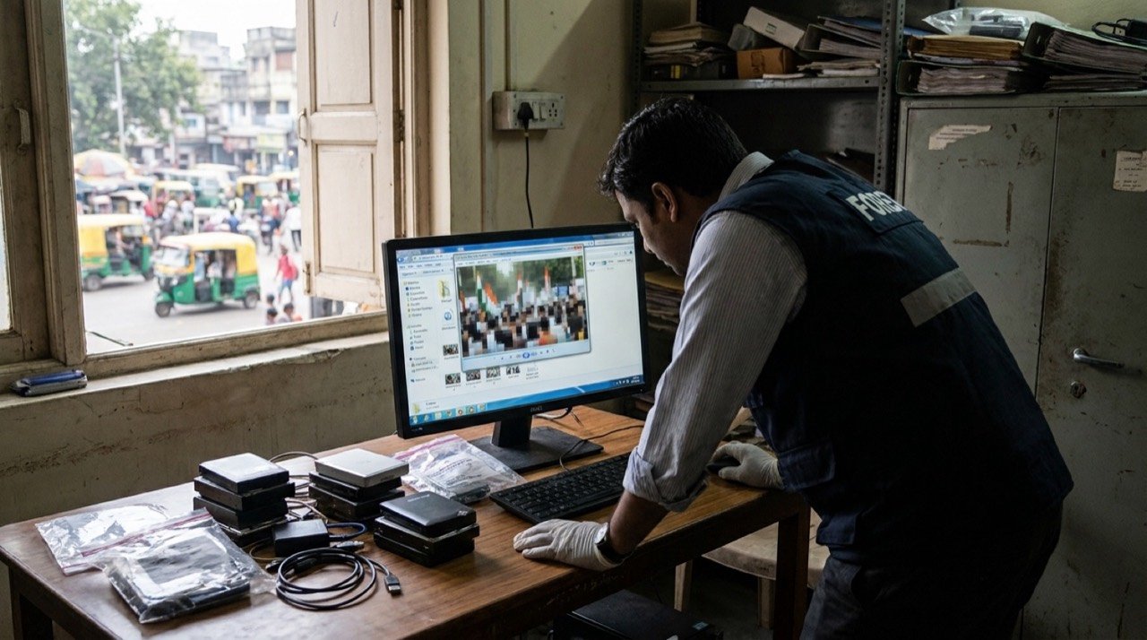 Forensic examiner reviewing a video clip on a computer screen amid a digital evidence investigation