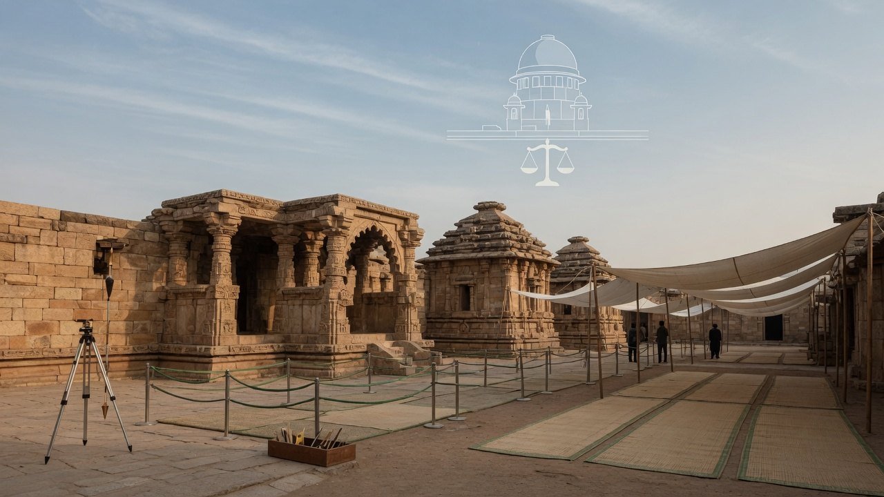 An ancient stone temple complex with a marked prayer-mat area under the emblem of the Supreme Court