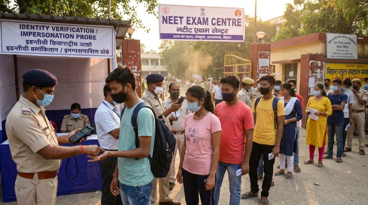 Illustration of biometric identity verification at a NEET exam centre in Bihar amid an impersonation probe