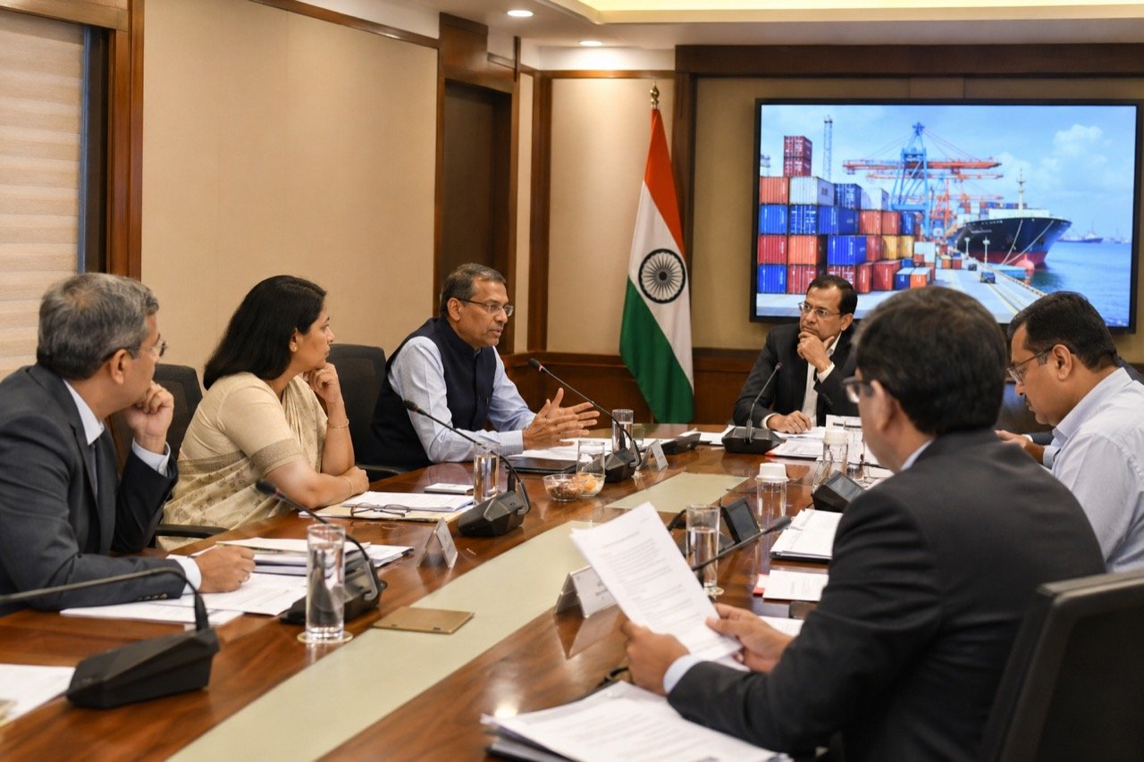 Commerce ministry officials and exporters seated around a large conference table with trade documents and Indian flags during a Board of Trade meeting in New Delhi