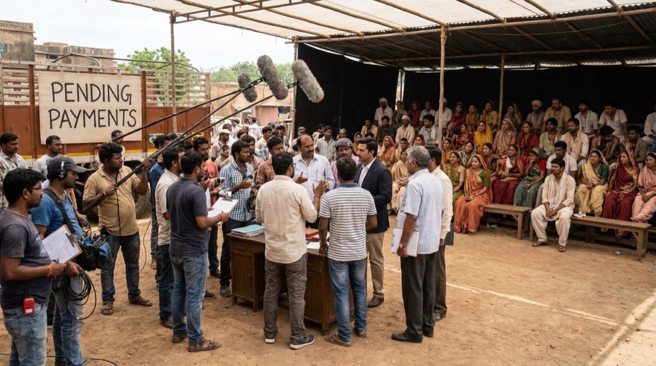 A Bollywood film set with crew and junior artistes at work, illustrating the debate over on-set hierarchy and delayed pay
