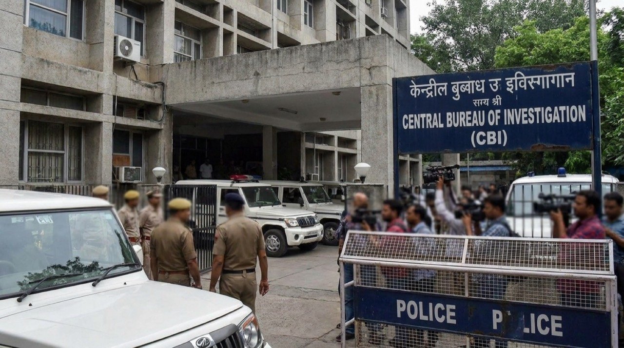 CBI signage outside an office building amid the arrest of a senior Haryana IAS officer in a corruption case
