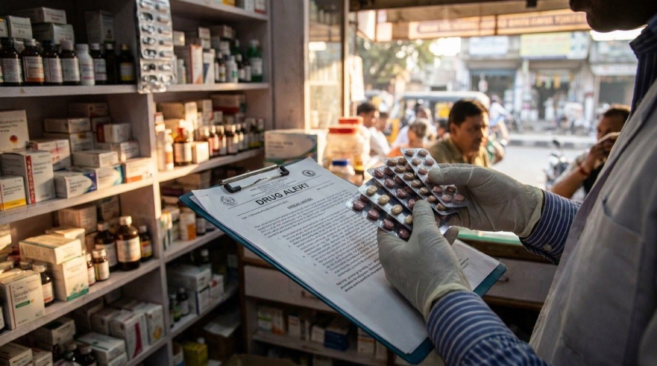 Pharmacist checking medicine strips against a regulatory quality alert in an Indian pharmacy