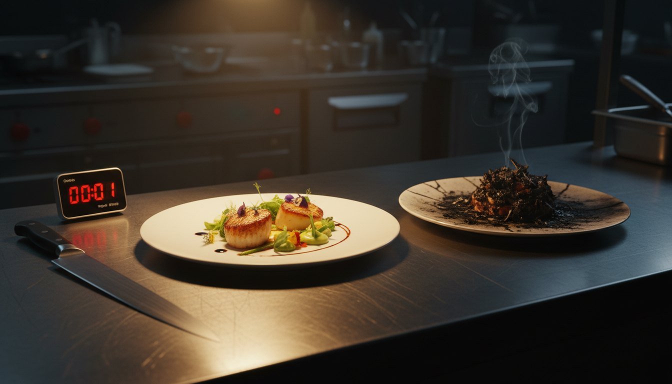 A gourmet plate beside a burnt dish with a kitchen countdown timer, evoking Celebrity MasterChef