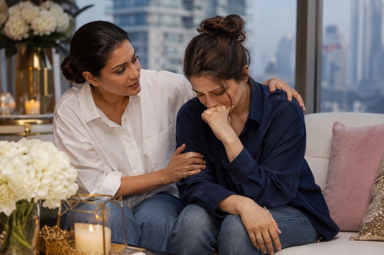 Two Bollywood actresses sharing a warm, supportive embrace at an event, photographed in soft light against a blurred press backdrop