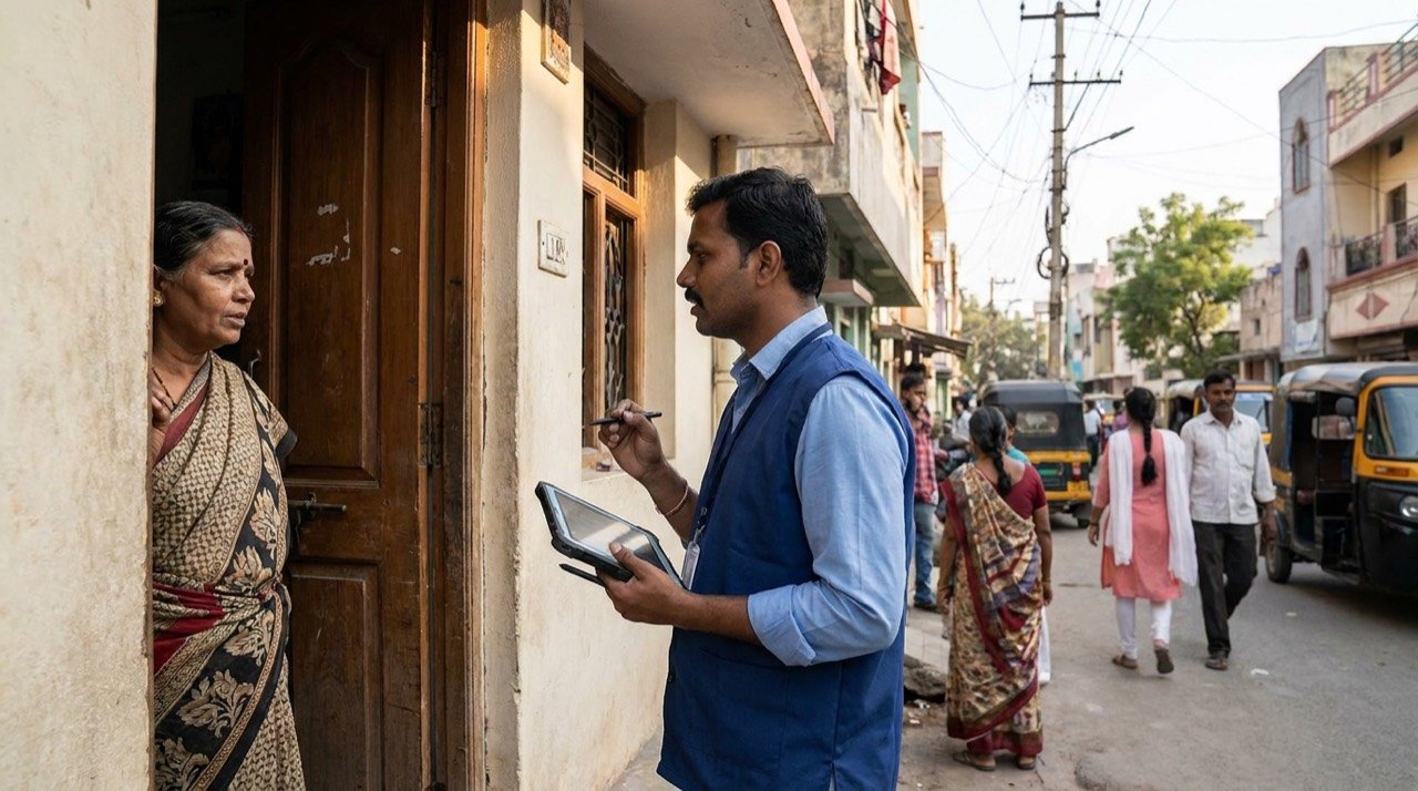 A census enumerator using a tablet to record household data at a doorstep.
