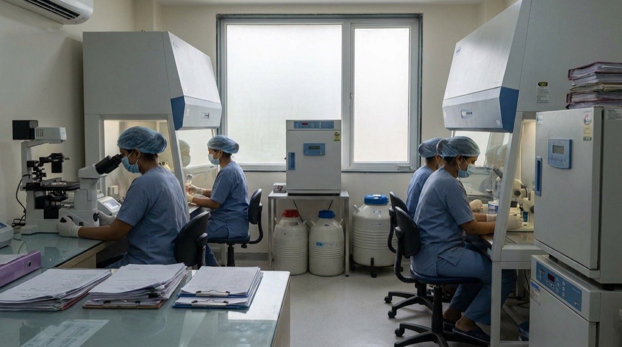 Fertility clinic laboratory with embryology equipment, representing new periodic renewal rules for ART and surrogacy clinics in India