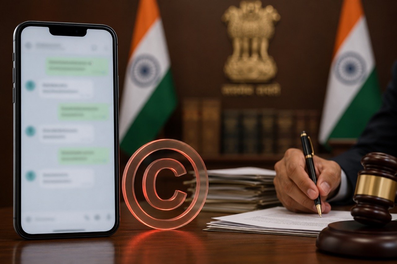 A smartphone showing the Telegram app logo in front of a blurred backdrop of Indian government buildings and streaming video thumbnails