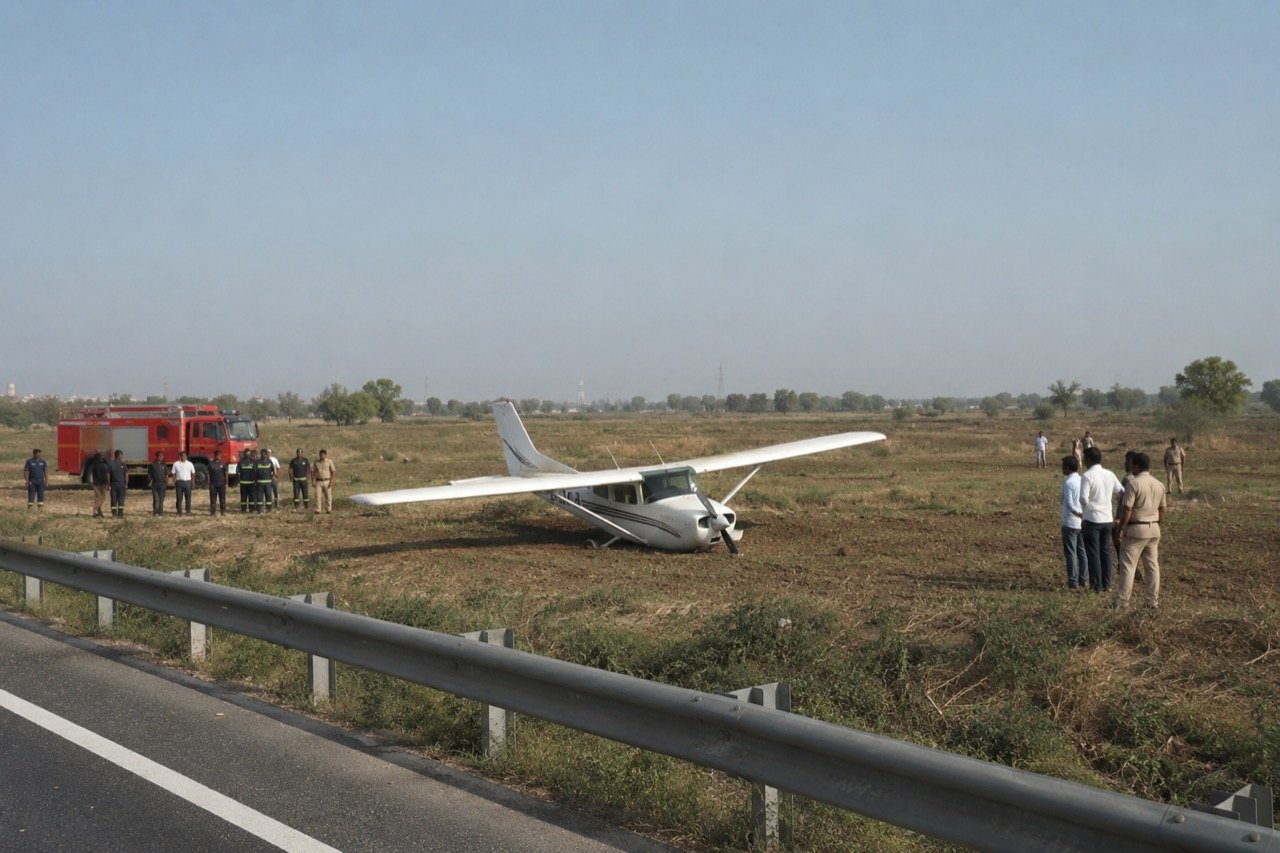 A small white Cessna training aircraft resting in a green field beside a rural Indian highway after an emergency landing, with onlookers gathered at a distance