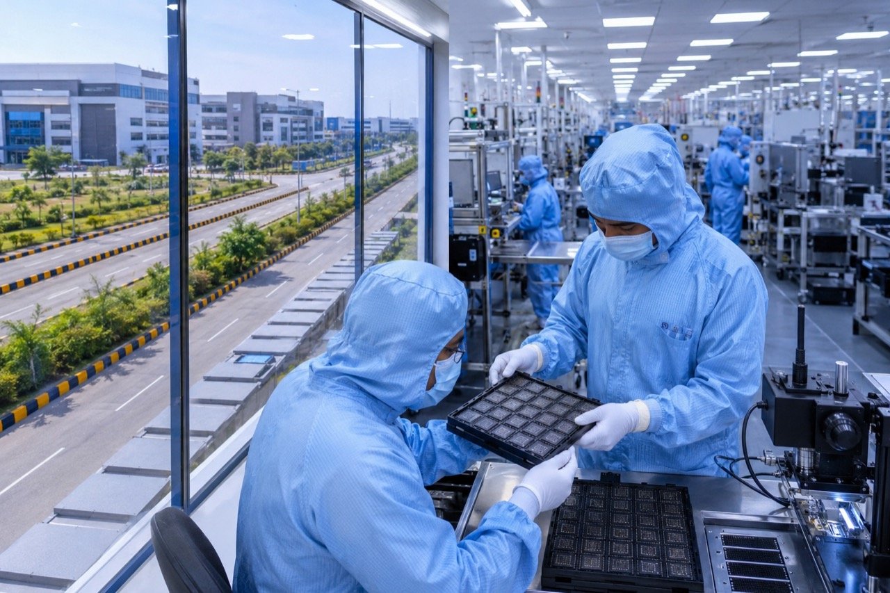 A modern semiconductor assembly plant in Gujarat with clean-room workers inspecting chip packages beside an Indian flag motif and circuit-board patterns