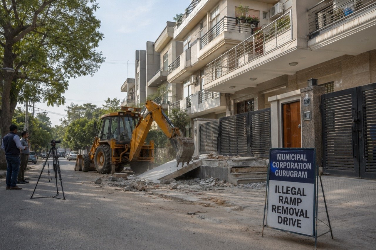 Municipal workers with an excavator removing a ramp outside a suburban Gurugram residence while onlookers film the scene on phones
