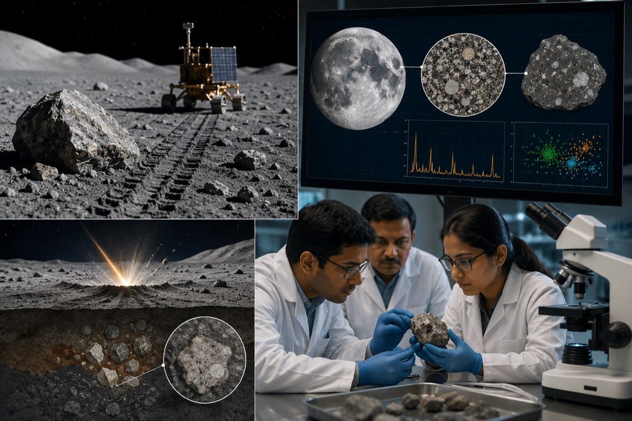 The Chandrayaan-3 Vikram lander on the grey lunar surface near the Moon's south pole, with Earth visible in the black sky above