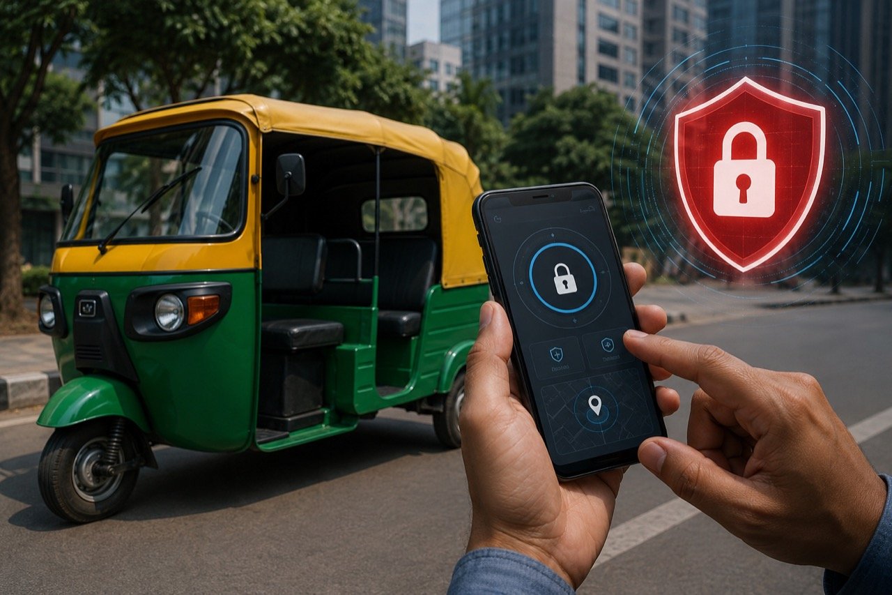 An electric rickshaw on an Indian street with a smartphone battery-management app interface overlaid, suggesting remote control risk