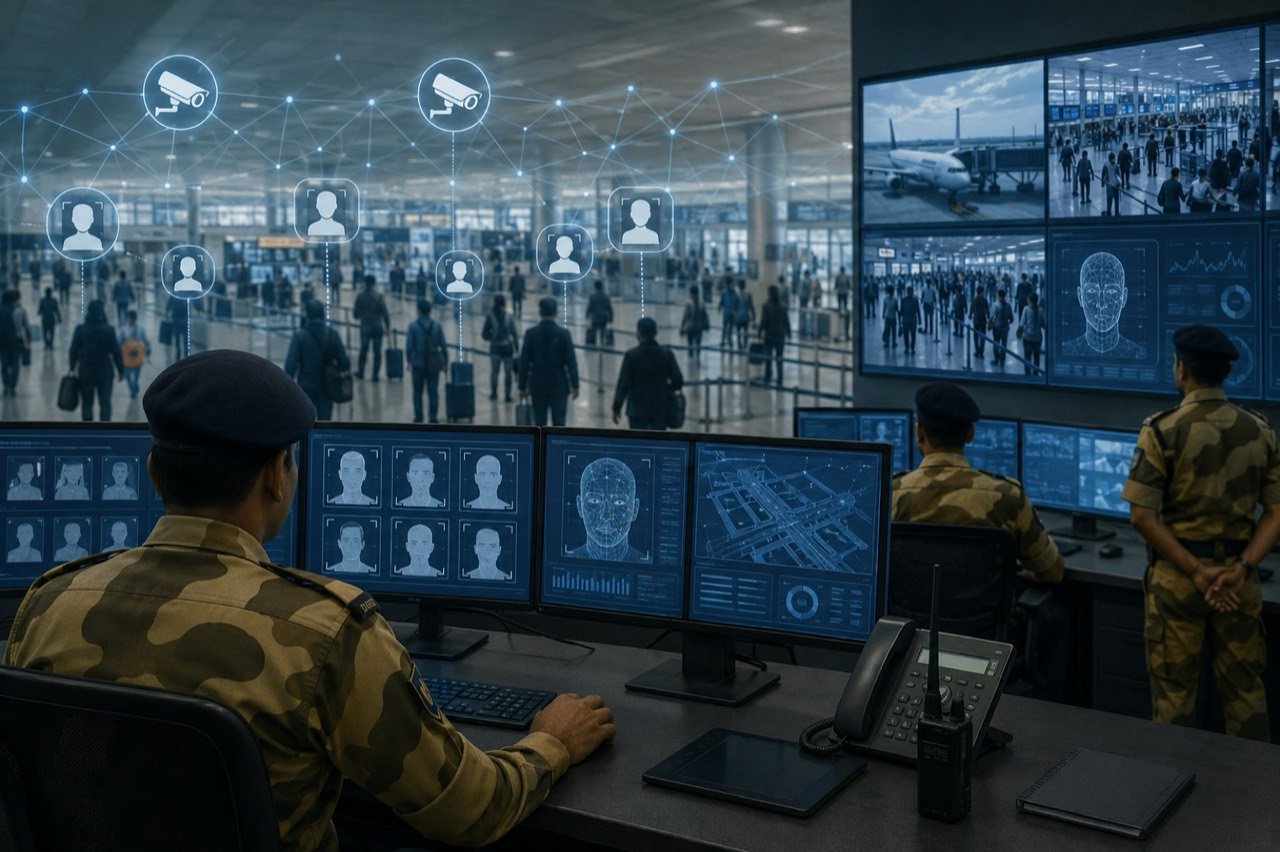 Facial-recognition camera scanning passengers at an Indian airport terminal as part of the CISF data fusion centre plan