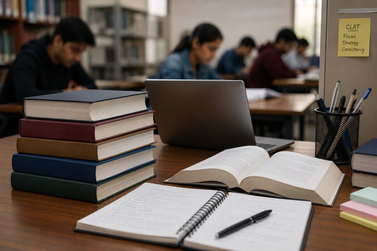 Indian students studying law textbooks at a library desk with a laptop showing an online exam registration form, gavel and scales of justice nearby