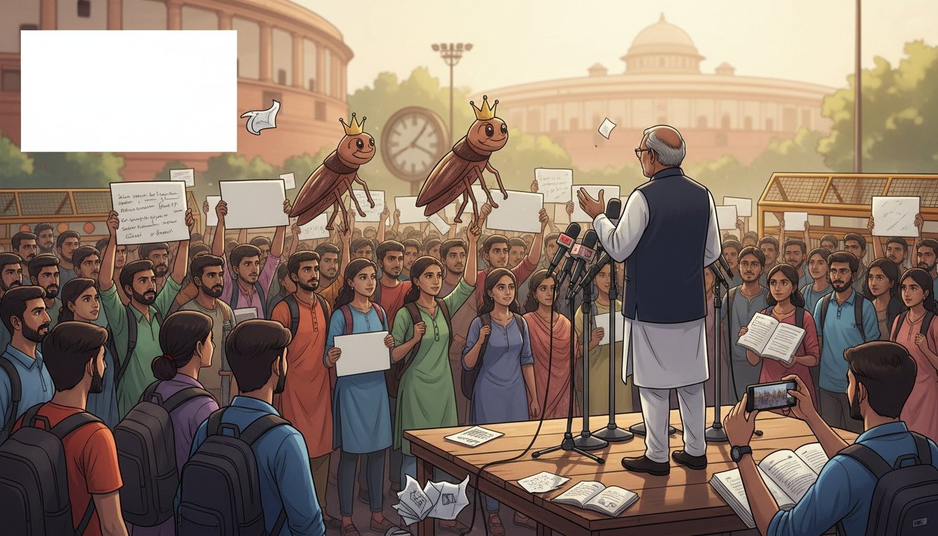 A leader addresses a youth protest crowd with satirical crowned-cockroach mascots raised outside Parliament