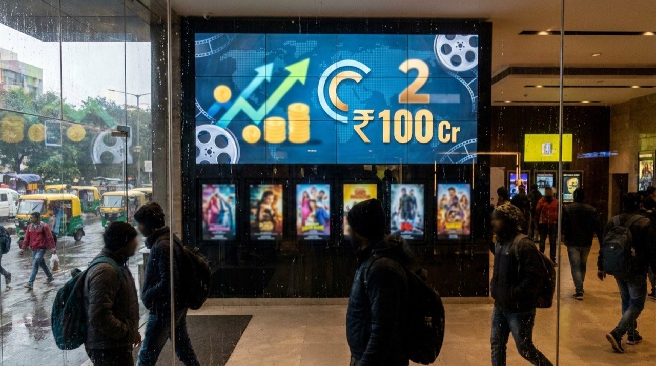 Cinema box office display reflecting Cocktail 2 worldwide collections nearing the Rs 100 crore milestone
