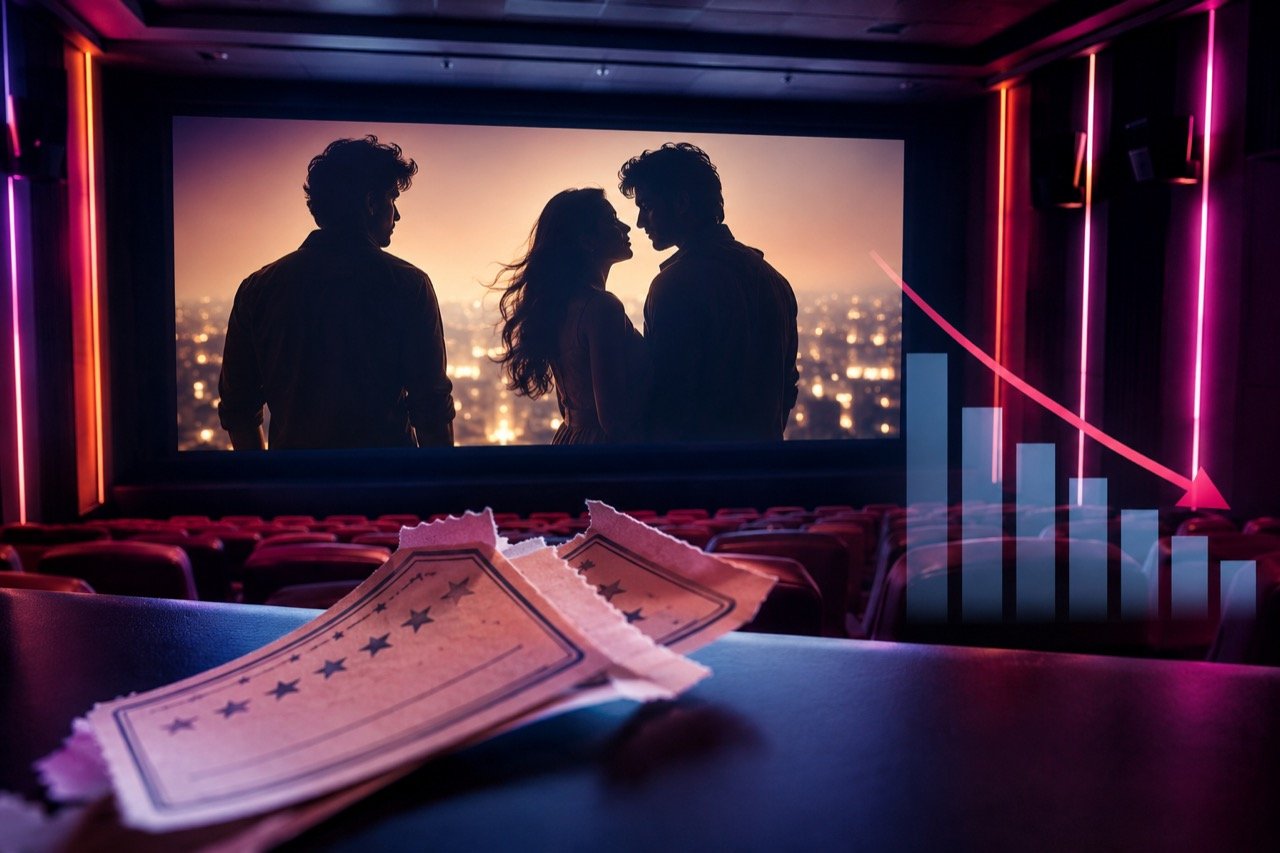 A buzzing multiplex lobby with a Cocktail 2 poster featuring its lead trio, moviegoers queuing at the ticket counter under neon evening lights