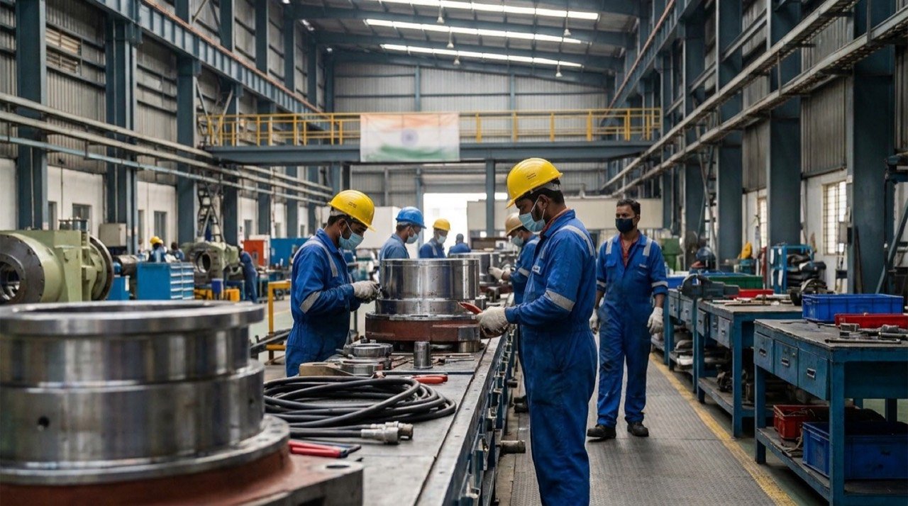 Workers on a defence manufacturing line representing India's planned military production clusters