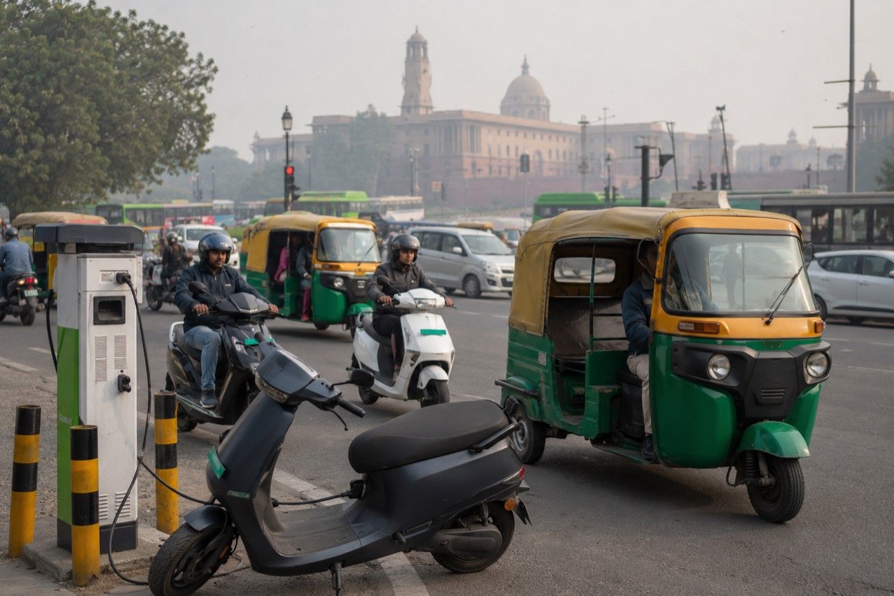 Electric scooters charging at a public charging station on a busy Delhi street, with auto-rickshaws and traffic in the background