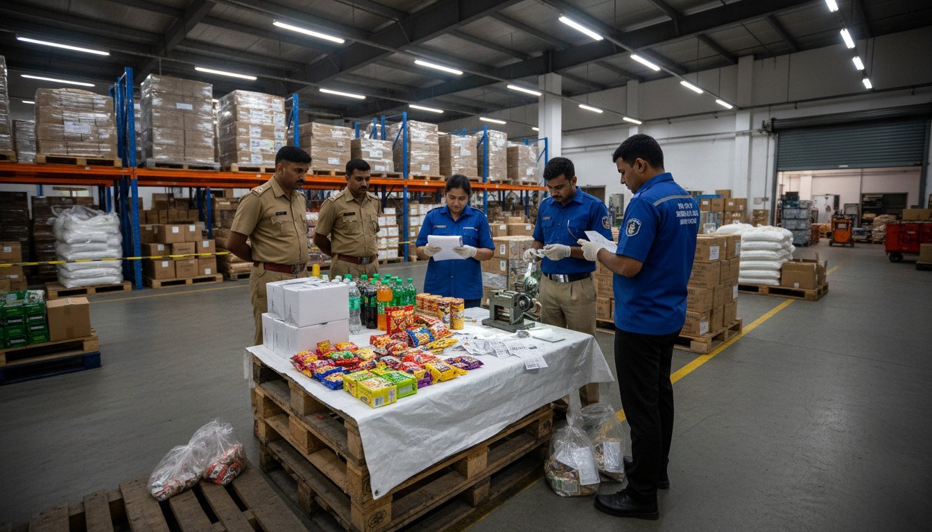 Food-safety inspectors examine seized packaged goods on a pallet inside an Okhla warehouse during an FSSAI raid